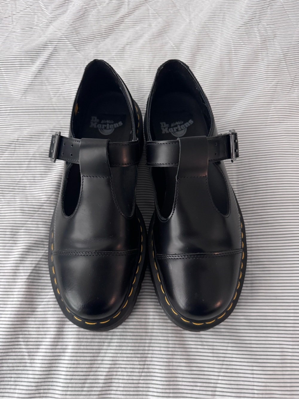 Dr. Martens Black T-Strap Mary Jane with Yellow Stitching